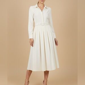 English Factory Pleated Collared Long Sleeve Midi Dress Sz M Cream Quiet Luxury